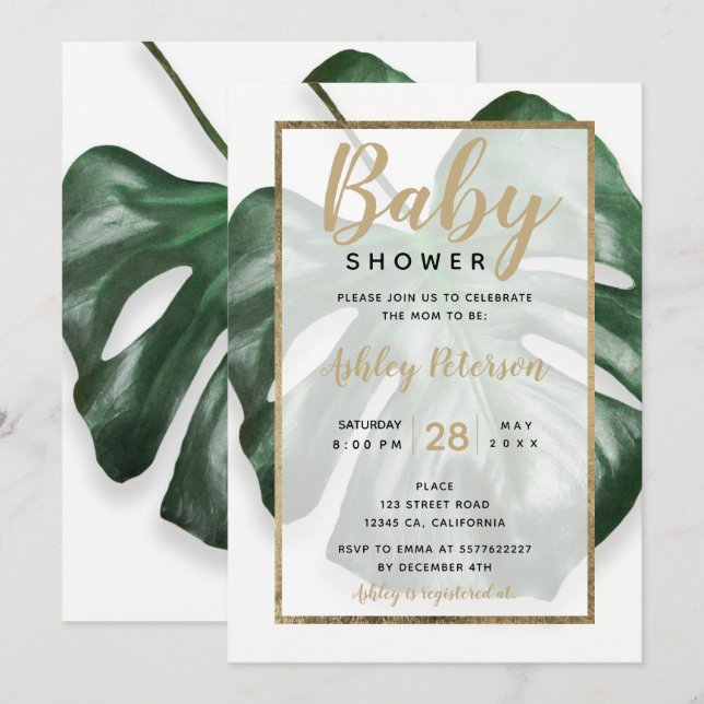 Invitación Ducha de bebé de leña verde tropical dorada (Anverso / Reverso)