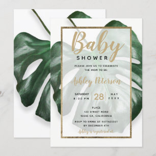 Invitación Ducha de bebé de leña verde tropical dorada