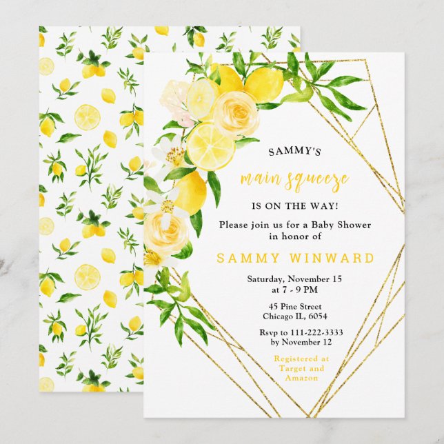 Invitación Ducha de Bebé de Limones y Flores con Follaje (Anverso / Reverso)