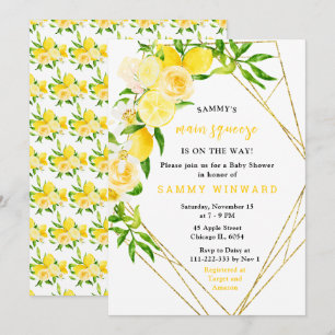 Invitación Ducha de bebé de limones y flores con follaje