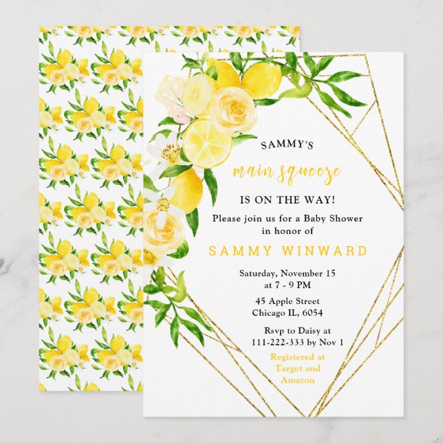 Invitación Ducha de bebé de limones y flores con follaje (Anverso / Reverso)