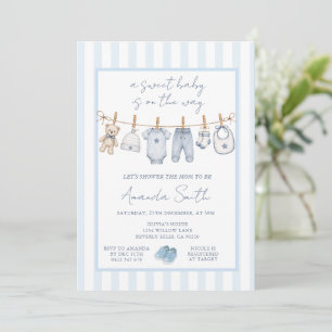 Invitación Ducha de bebé de línea de ropa colgante rústica az