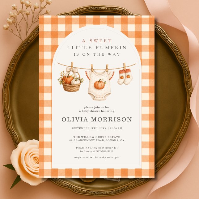 Invitación Ducha de bebé de Little Pumpkin Clothesline Gingha (Subido por el creador)