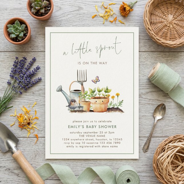 Invitación Ducha de bebé de Little Sprout Border Sage Gingham (Subido por el creador)