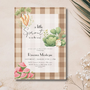 Invitación Ducha de bebé de Little Sprout Brown Gingham Veggi