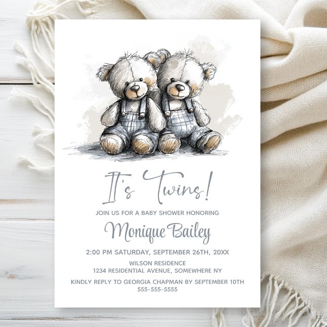 Invitación Ducha de Bebé de los Gemelos Teddy Bear (Subido por el creador)