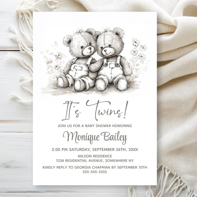 Invitación Ducha de Bebé de los Gemelos Teddy Bear (Subido por el creador)