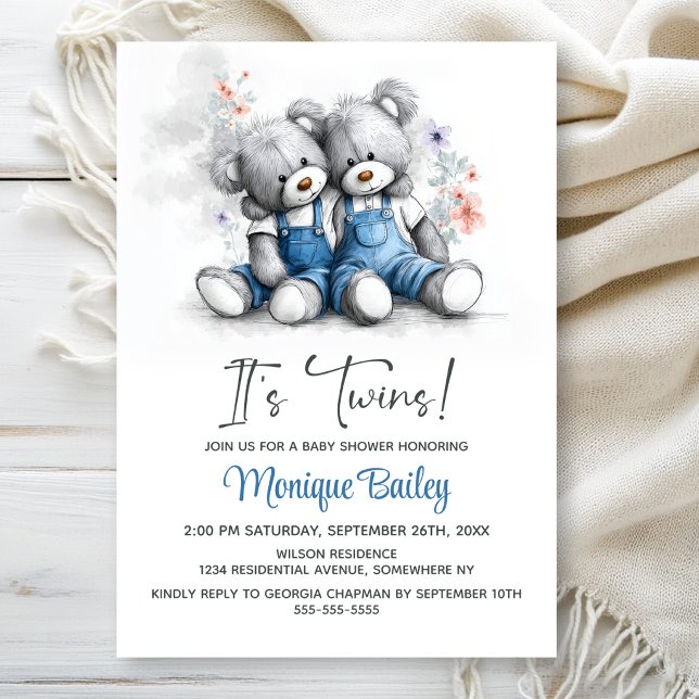 Invitación Ducha de Bebé de los Gemelos Teddy Bear (Subido por el creador)
