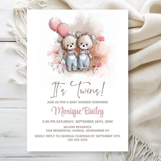 Invitación Ducha de Bebé de los Gemelos Teddy Bear (Subido por el creador)