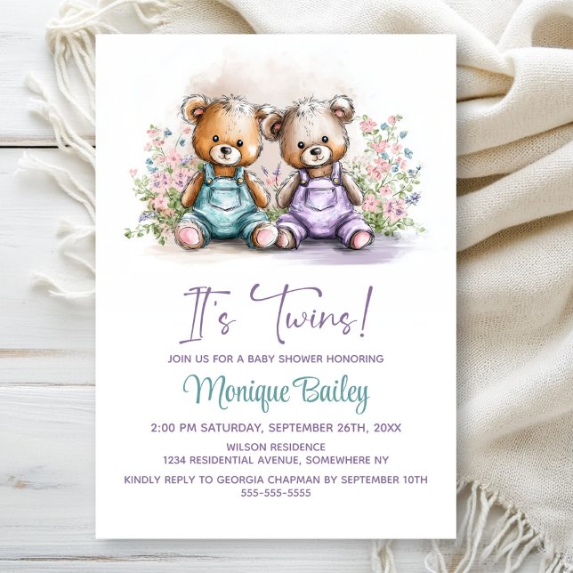 Invitación Ducha de Bebé de los Gemelos Teddy Bear (Subido por el creador)