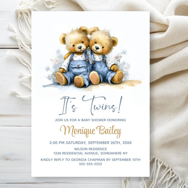 Invitación Ducha de Bebé de los Ositos de Peluche Gemelos (Subido por el creador)