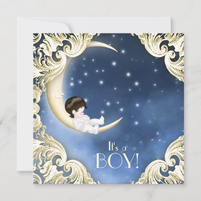 Invitación Ducha de bebé de luna azul y amarilla (Anverso)