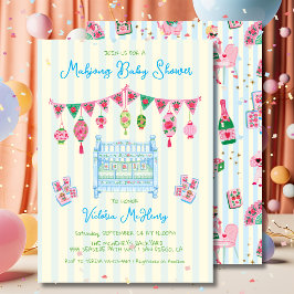 Invitación Ducha de bebé de mahjong azul para niño