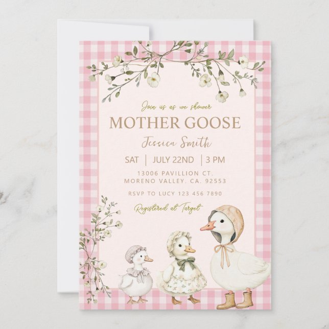 Invitación Ducha de Bebé de Mamá Gansa Rosa Niña (Anverso)