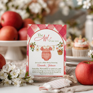 Invitación Ducha de bebé de manzana con ropa rústica roja a c