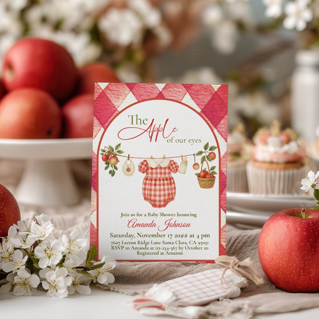 Invitación Ducha de bebé de manzana con ropa rústica roja a c (Subido por el creador)