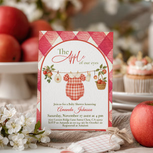 Invitación Ducha de bebé de manzana con ropa rústica roja a c