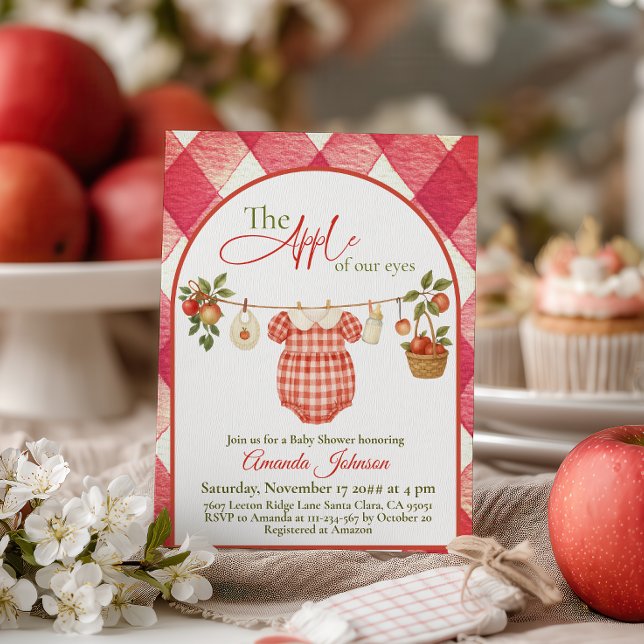 Invitación Ducha de bebé de manzana con ropa rústica roja a c (Subido por el creador)