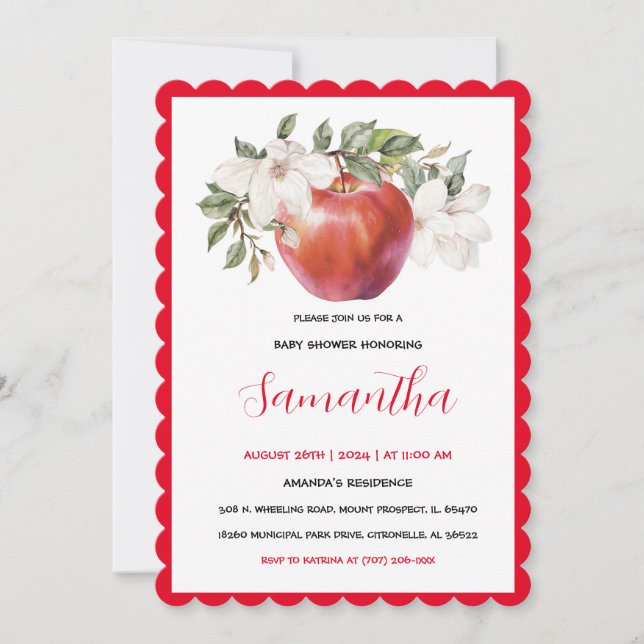 Invitación Ducha de Bebé de Manzana Roja Única (Anverso)