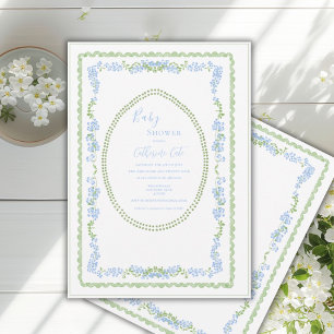 Invitación Ducha de bebé de marco floral azul caprichoso vint