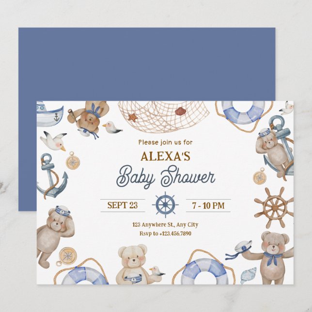 Invitación Ducha de bebé de marinero Blue Cute (Anverso / Reverso)