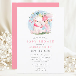Invitación Ducha de bebé de mariposa floral de conejito rosa 