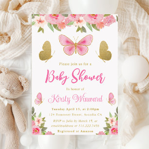 Invitación Ducha de bebé de mariposa floral rosa y dorada