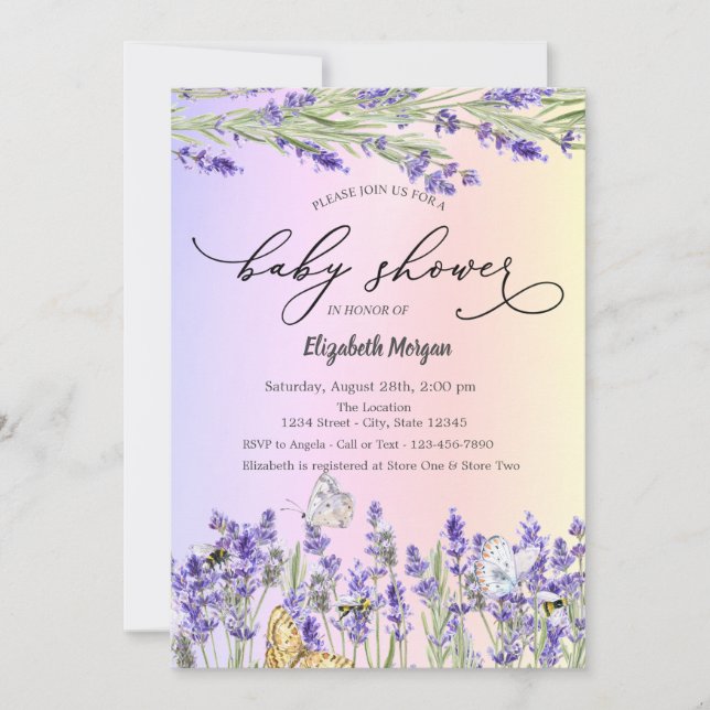 Invitación Ducha de bebé de mariposa lavanda   (Anverso)