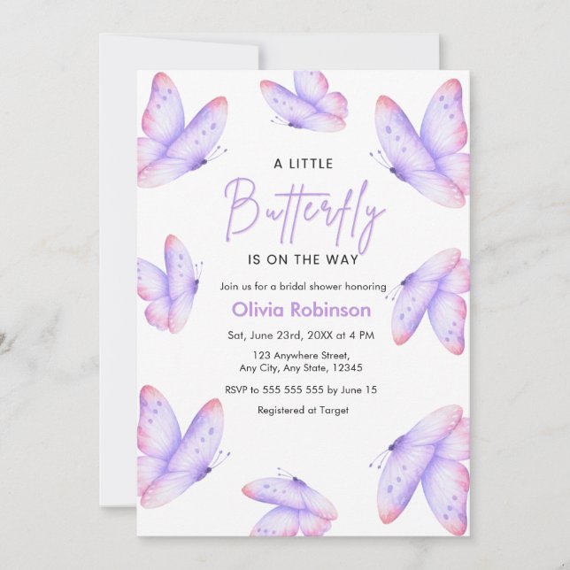 Invitación Ducha de bebé de mariposa morada rosa  (Anverso)
