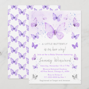 Invitación Ducha de Bebé de Mariposa Morada y Plateada