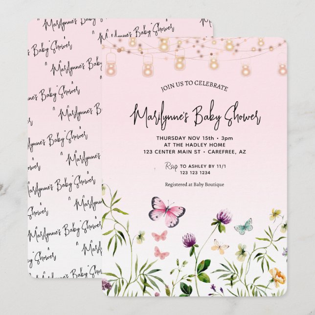 Invitación Ducha de bebé de mariposa rosa Wildflower Script (Anverso / Reverso)