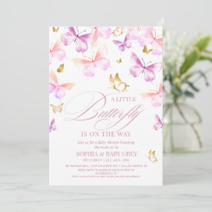 Invitación Ducha de Bebé de Mariposa Rosa y Dorada Niña