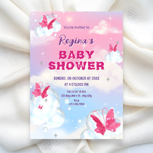 Invitación Ducha de bebé de mariposas con nubes rosadas morad