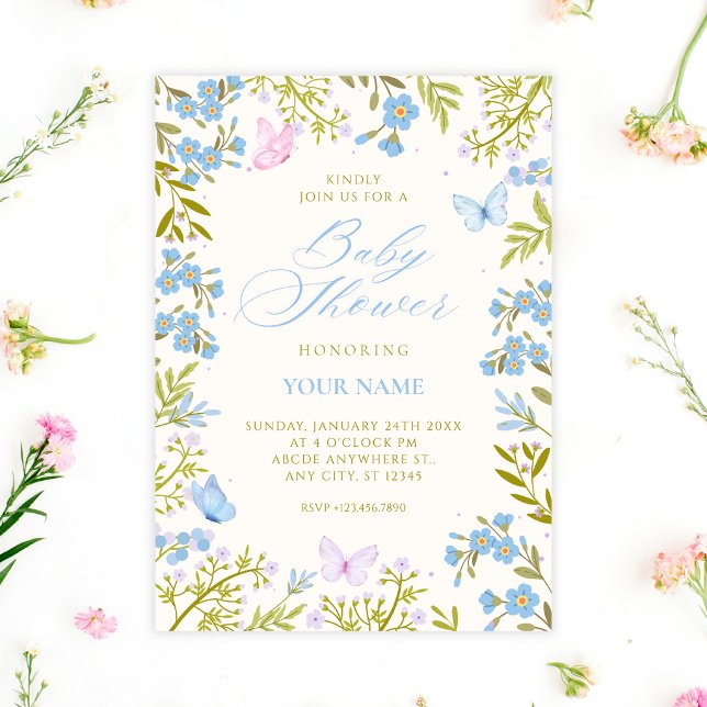 Invitación Ducha de bebé de mariposas florales azules (Subido por el creador)