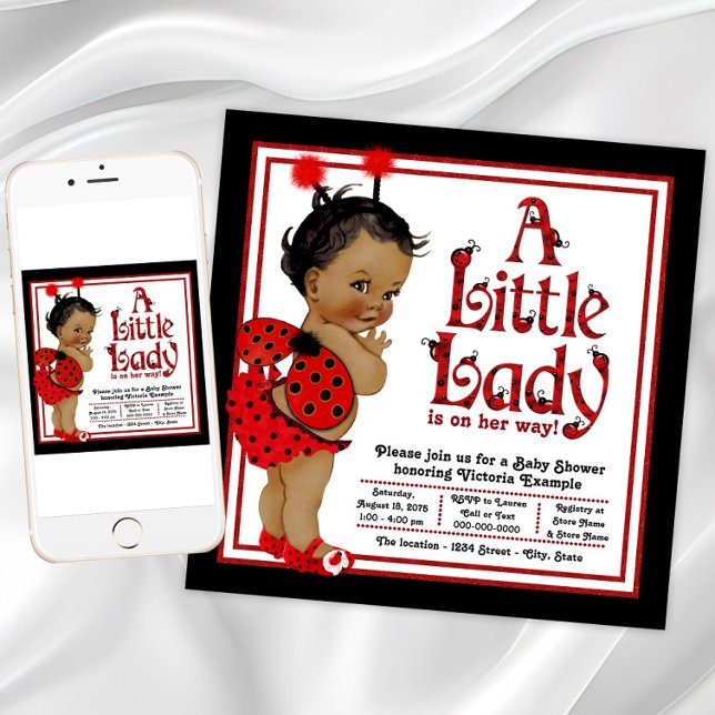 Invitación Ducha de bebé de mariquita afroamericana (Cute ladybug baby shower invitation. Instant download and printed invitations available.)