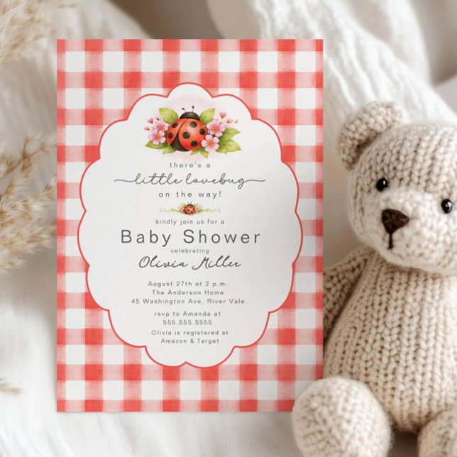 Invitación Ducha de bebé de mariquita gingham (Subido por el creador)