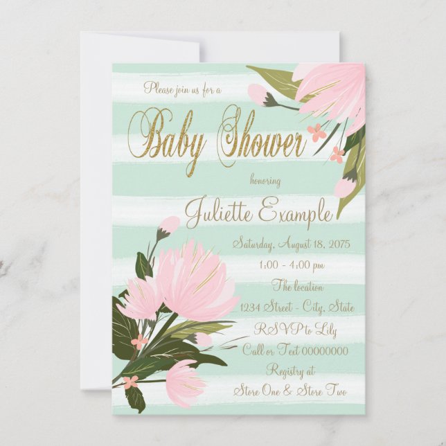 Invitación Ducha de Bebé de Menta y Rayas Rosas (Anverso)