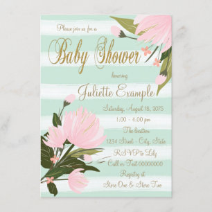 Invitación Ducha de Bebé de Menta y Rayas Rosas