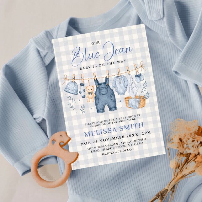 Invitación Ducha de bebé de mezclilla azul claro a cuadros (Subido por el creador)