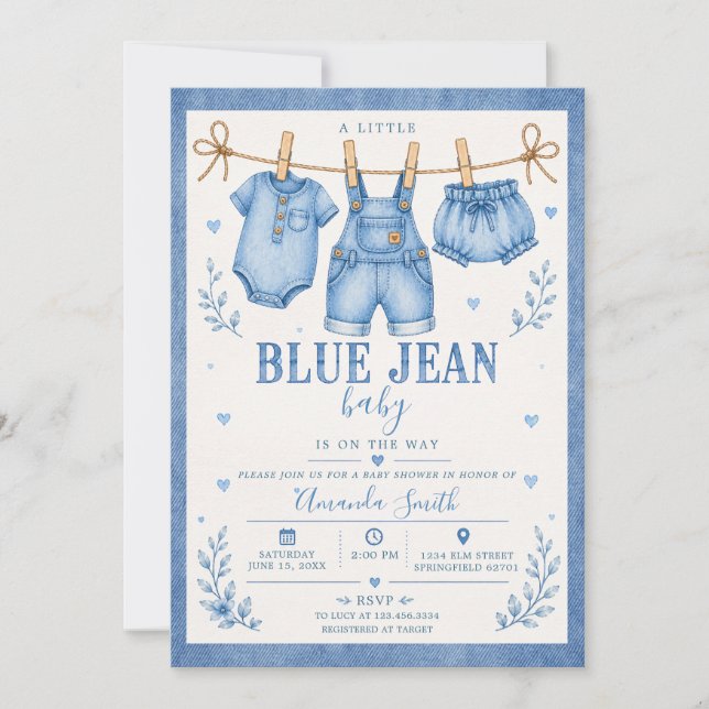 Invitación Ducha de bebé de mezclilla azul ropa de bebé (Anverso)