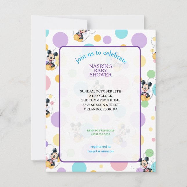 Invitación Ducha de Bebé de Mickey Mouse de Lunares (Anverso)