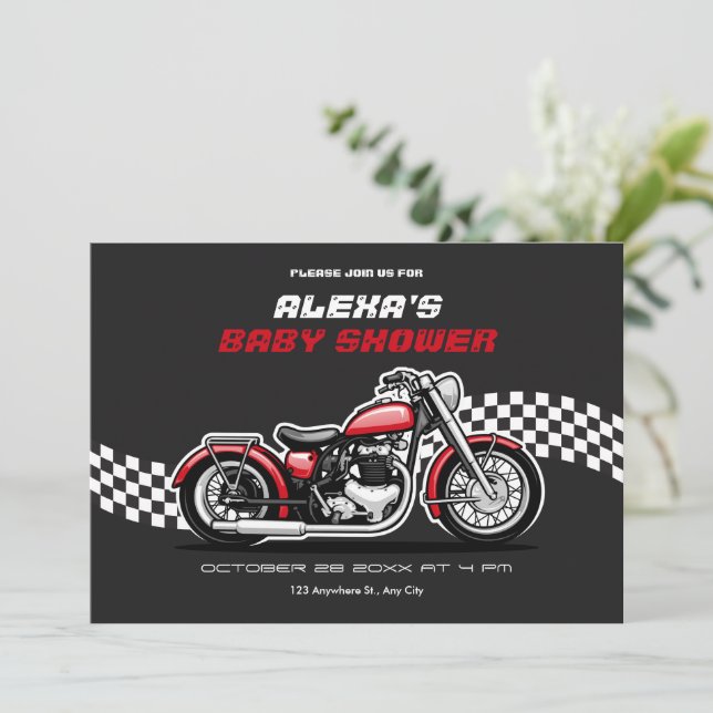 Invitación Ducha de bebé de moto clásica (Anverso de pie)