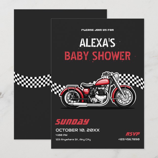 Invitación Ducha de bebé de moto clásica (Anverso / Reverso)