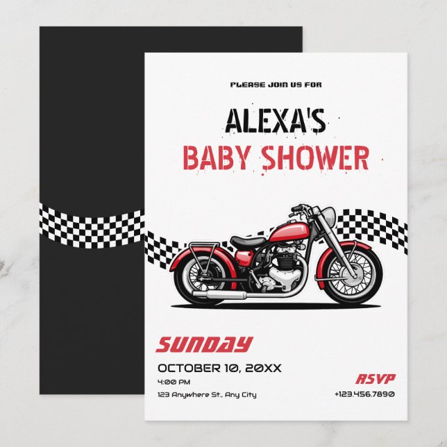 Invitación Ducha de bebé de moto clásica (Anverso / Reverso)