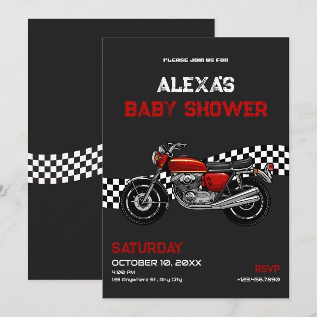 Invitación Ducha de bebé de moto clásica (Anverso / Reverso)