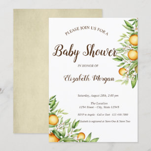 Invitación Ducha de bebé de naranja y hojas de cítricos