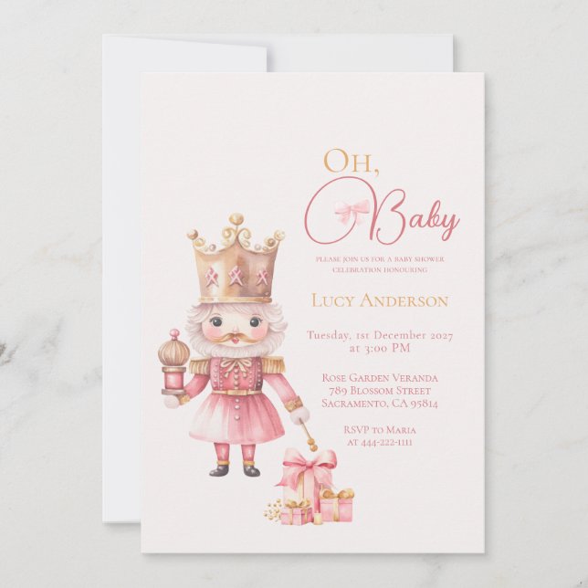 Invitación Ducha de Bebé de Navidad Cascanueces Rosa Acuarela (Anverso)