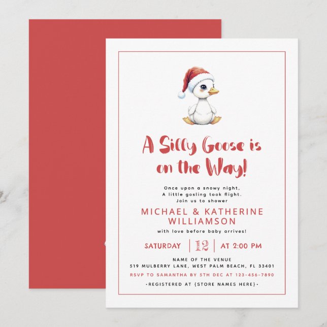 Invitación Ducha de bebé de Navidad de invierno Silly Goose (Anverso / Reverso)