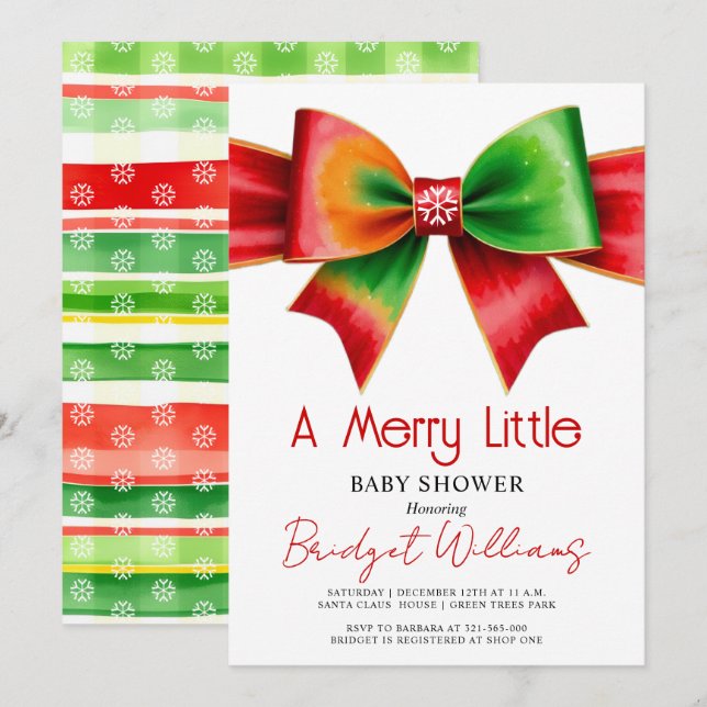 Invitación ducha de bebé de Navidad lazo rojo y verde alegre (Anverso / Reverso)