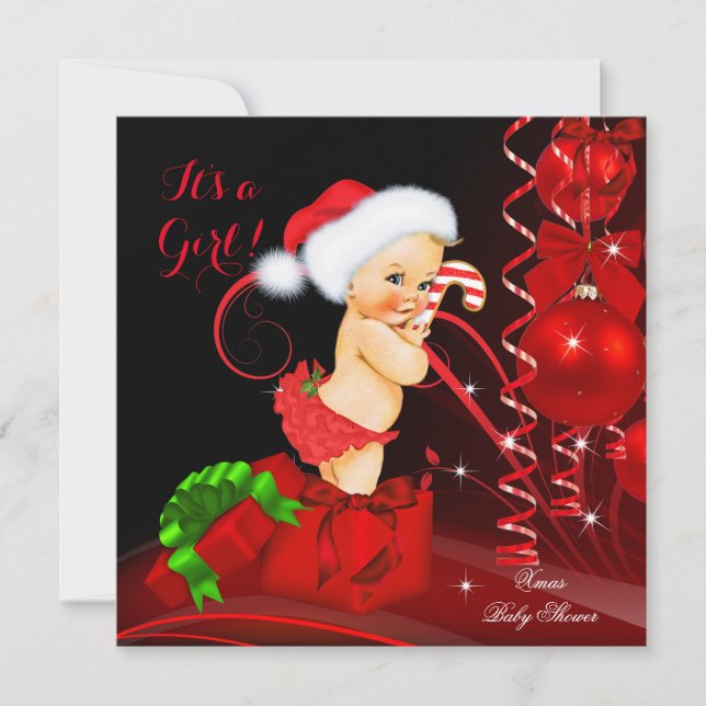 Invitación Ducha de bebé de Navidad niña pelirroja negra rubi (Anverso)
